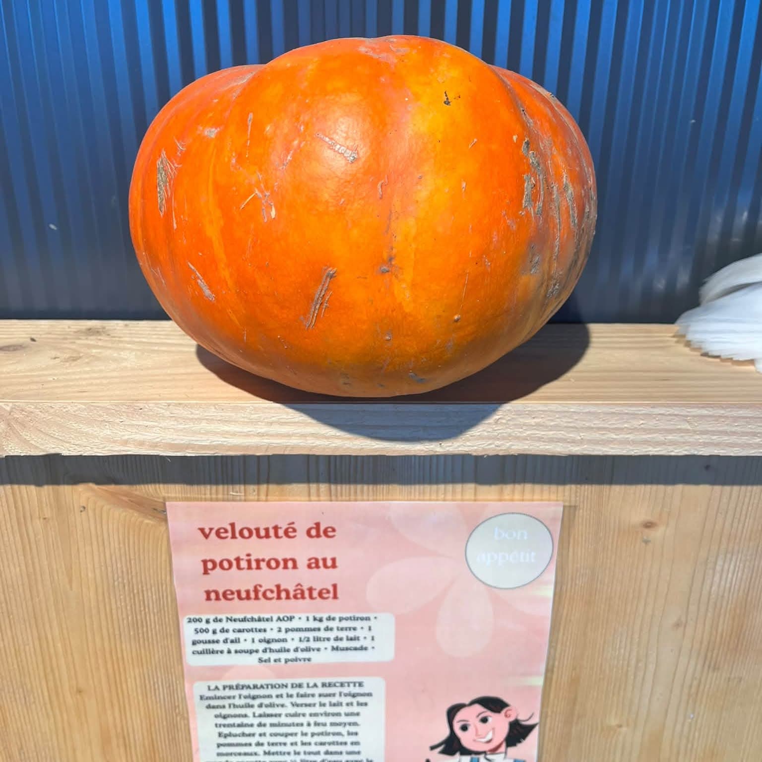 Un potiron orange posé sur une étagère en bois du magasin