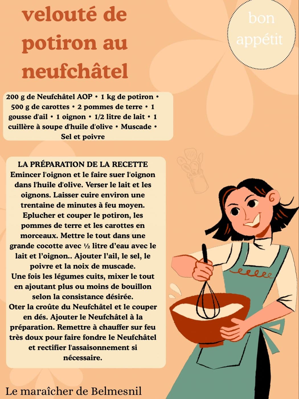 Affiche de la recette du mois : velouté de potiron au neufchâtel
